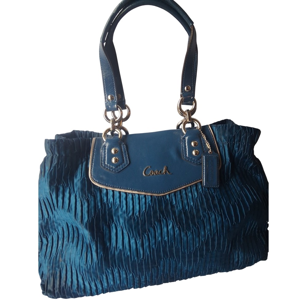 Coach Teal Blue Ruched Pleated Satin Patent Leather Shoulder Bag Gold Hardware